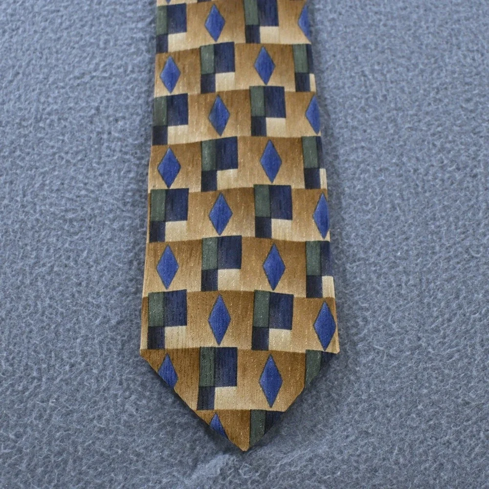 Cocktail Collection Mens Vintage 90s Geometric Silk Necktie OS Gold Blue Green
